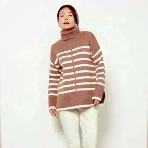 Line & Dot Striped Turtleneck Sweater Soft Relaxed Fit Brown & Cream Size Medium